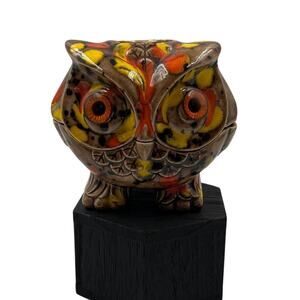 Vintage Speckled Big Eyes Ceramic Owl Handmade Dish Bowl MCM 2 Piece CHIP